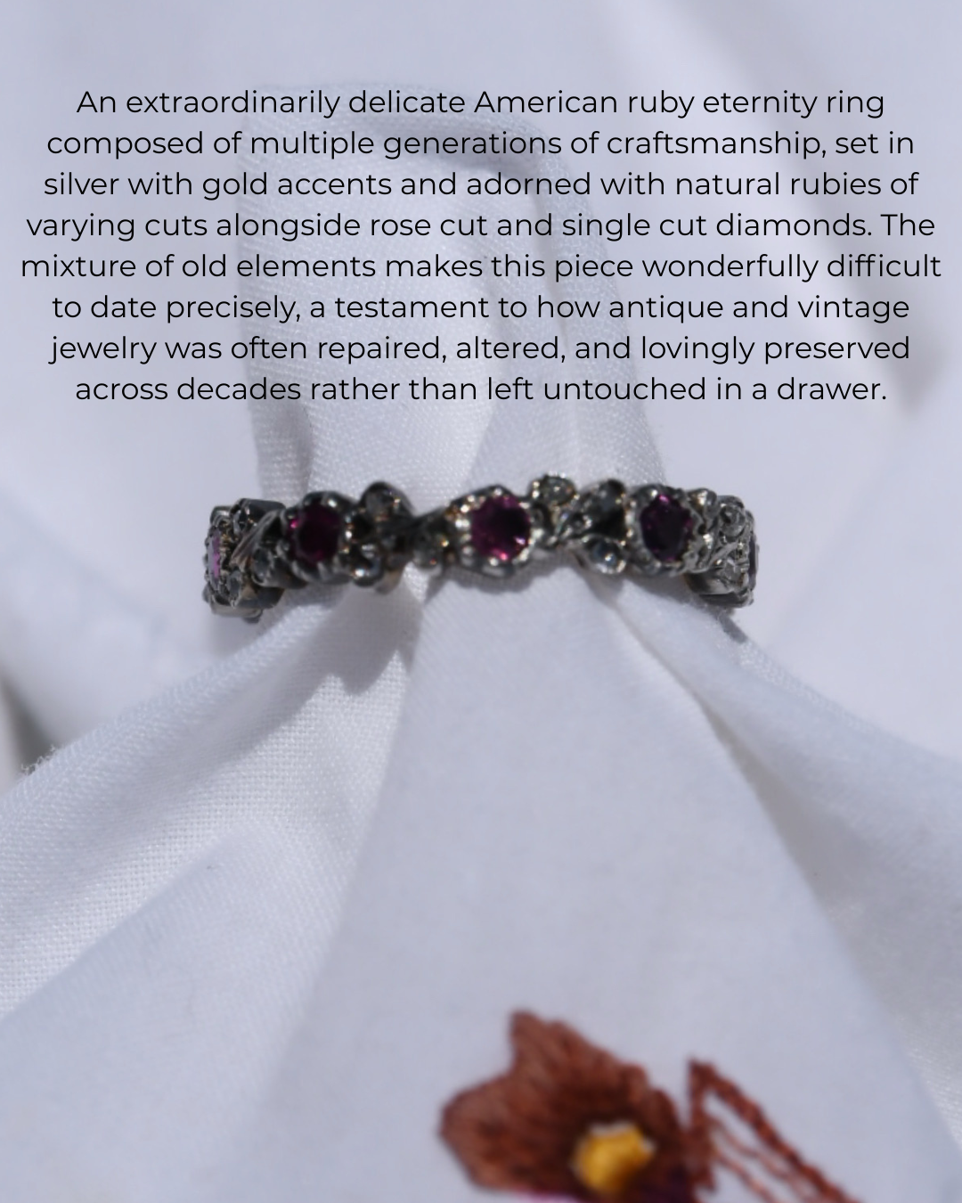 American Ruby & Diamond Eternity Ring in Silver & Gold | Rose Cut Diamond Foliate Band