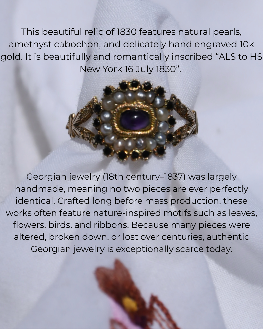 Georgian Amethyst & Natural Pearl Memorial Ring | Inscribed 1830 New York 10K Gold Sentimental Jewel