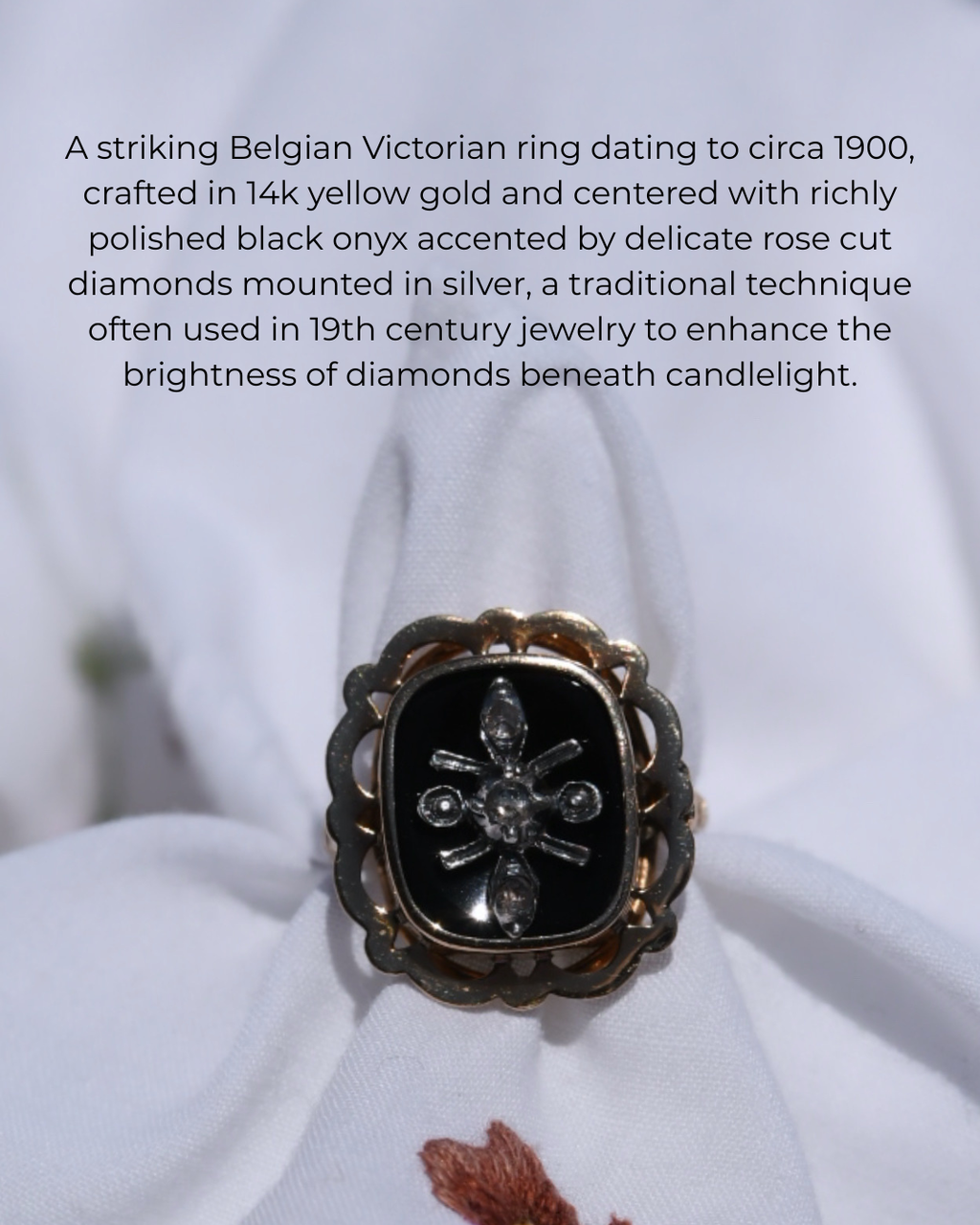Victorian Belgian Onyx & Rose Cut Diamond Ring in 14K Gold | Circa 1900