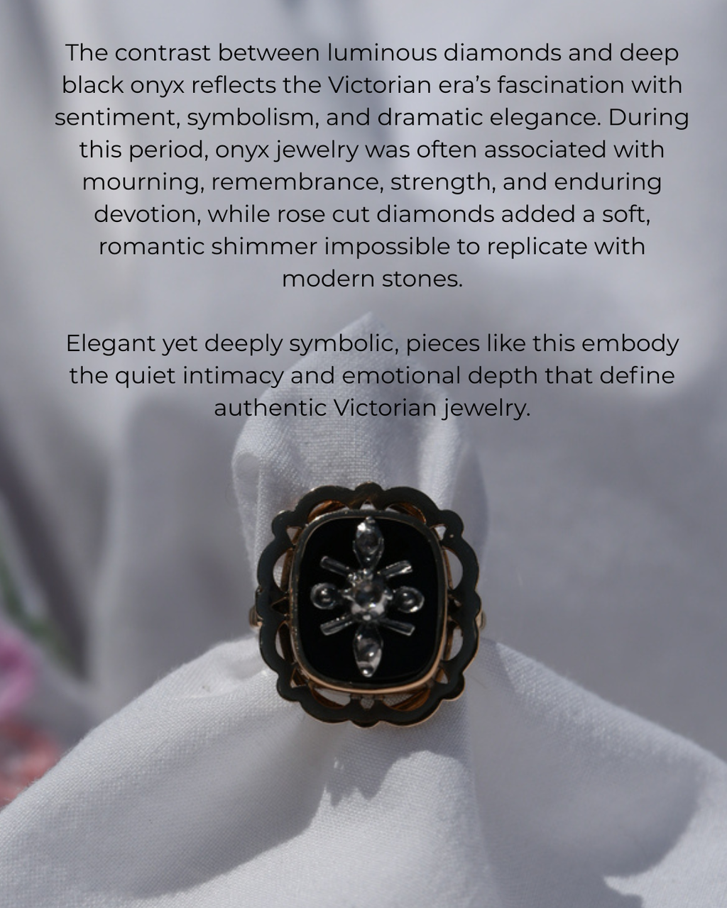 Victorian Belgian Onyx & Rose Cut Diamond Ring in 14K Gold | Circa 1900