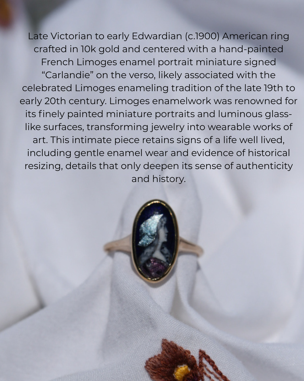 Art Nouveau Limoges Enamel Portrait Ring in 10K Gold | Signed “Carlandie” French Miniature, c.1900