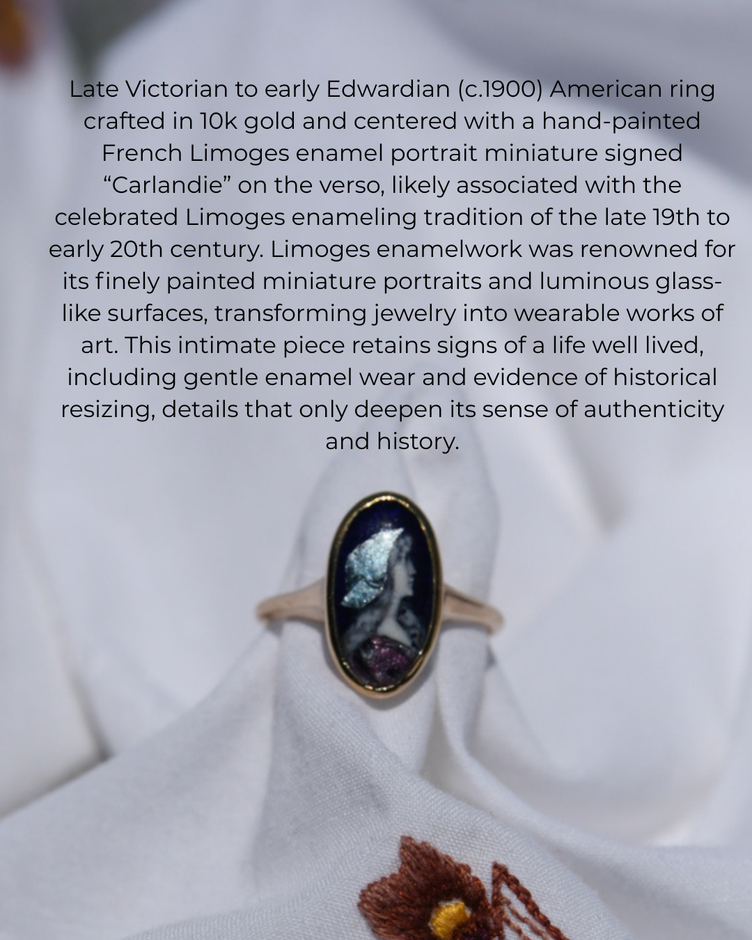 Art Nouveau Limoges Enamel Portrait Ring in 10K Gold | Signed “Carlandie” French Miniature, c.1900