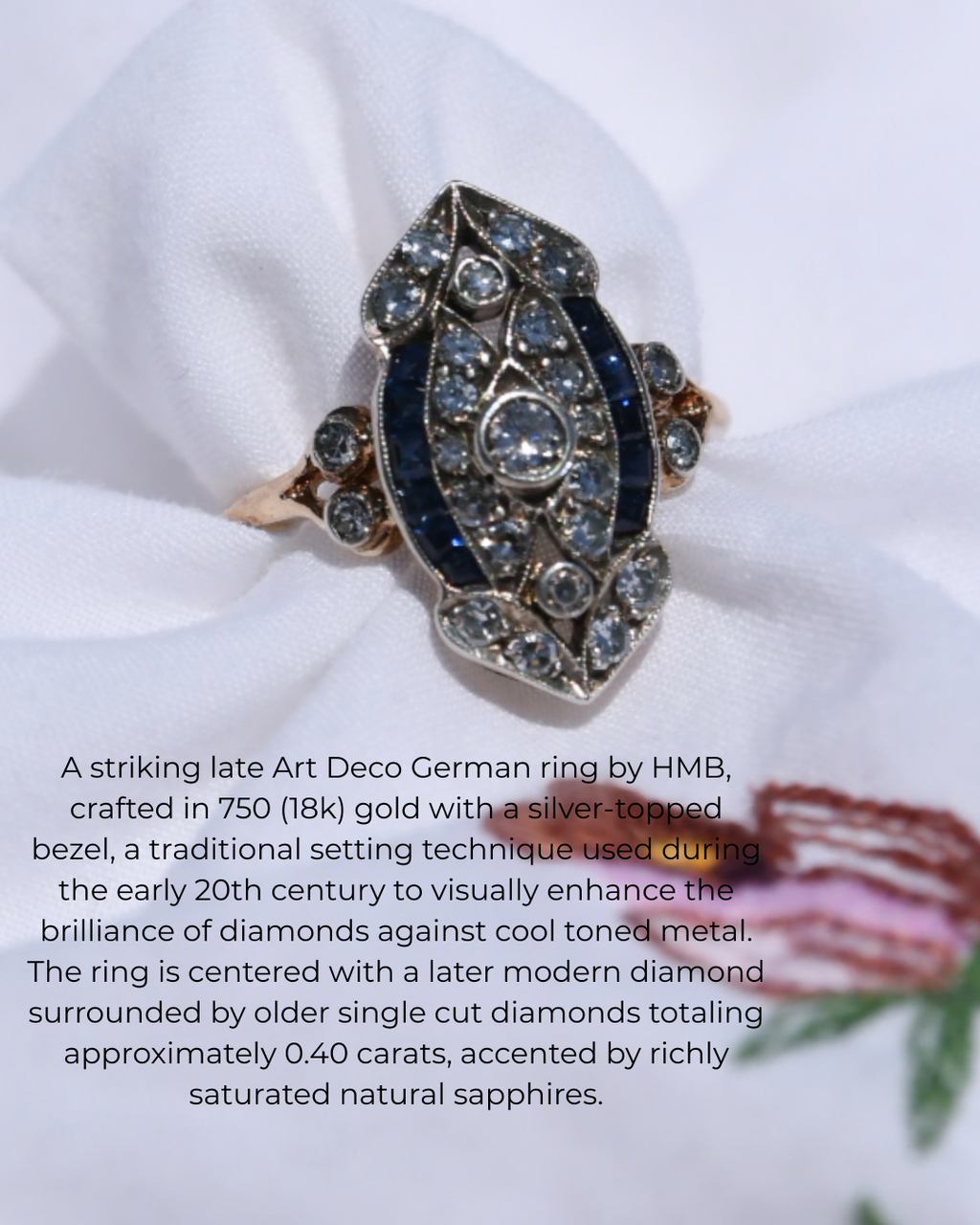 Late Art Deco German Diamond & Sapphire Ring in 18K Gold & Silver | HMB