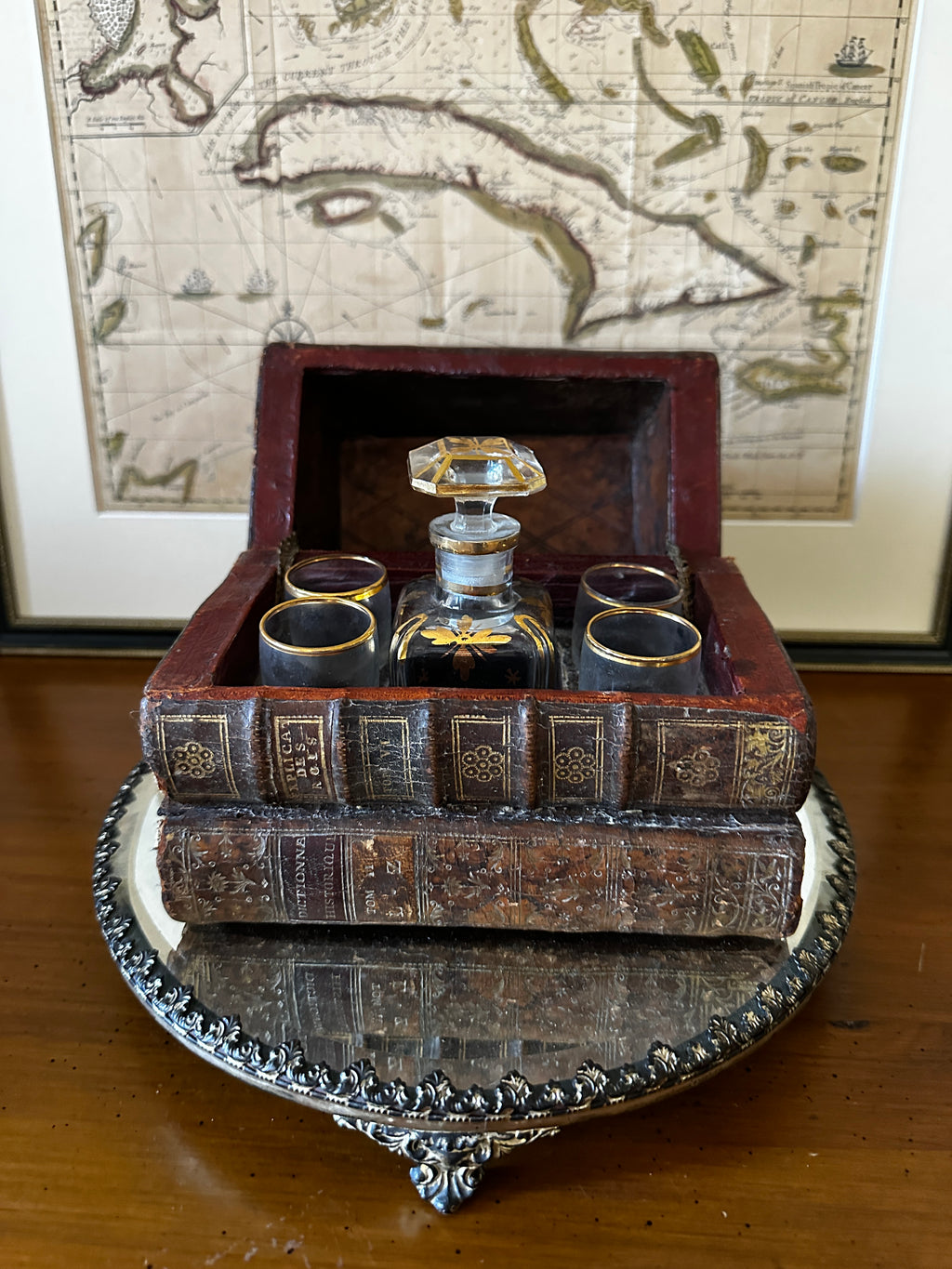 19th Century Victorian Library Tantalus Crafted from Four Hollowed Antique Books with Original Gilt-Decorated Decanter & Four Cordial Glasses