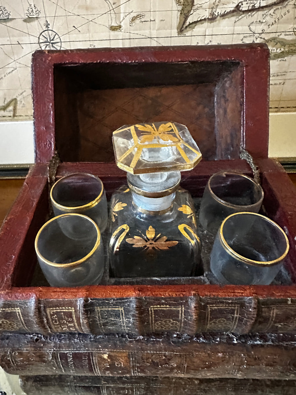 19th Century Victorian Library Tantalus Crafted from Four Hollowed Antique Books with Original Gilt-Decorated Decanter & Four Cordial Glasses