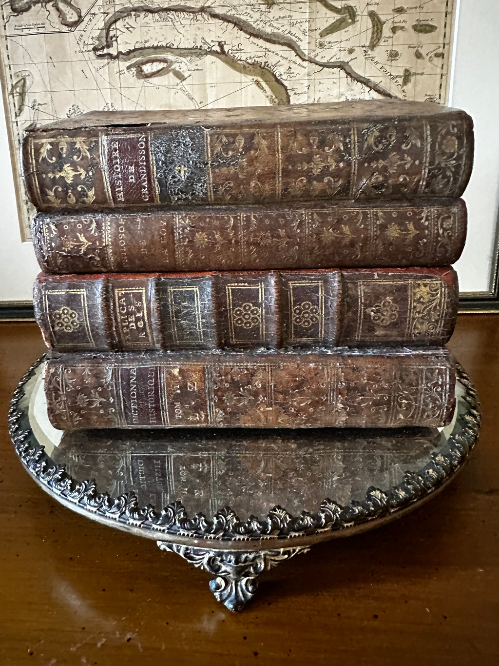 19th Century Victorian Library Tantalus Crafted from Four Hollowed Antique Books with Original Gilt-Decorated Decanter & Four Cordial Glasses
