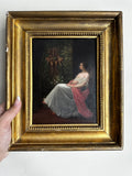 Signed Jacques Léon Dusautoy (1817–1894) French Romantic Interior with Seated Lady & Garden Fountain | Antique 19th-Century Oil on Panel