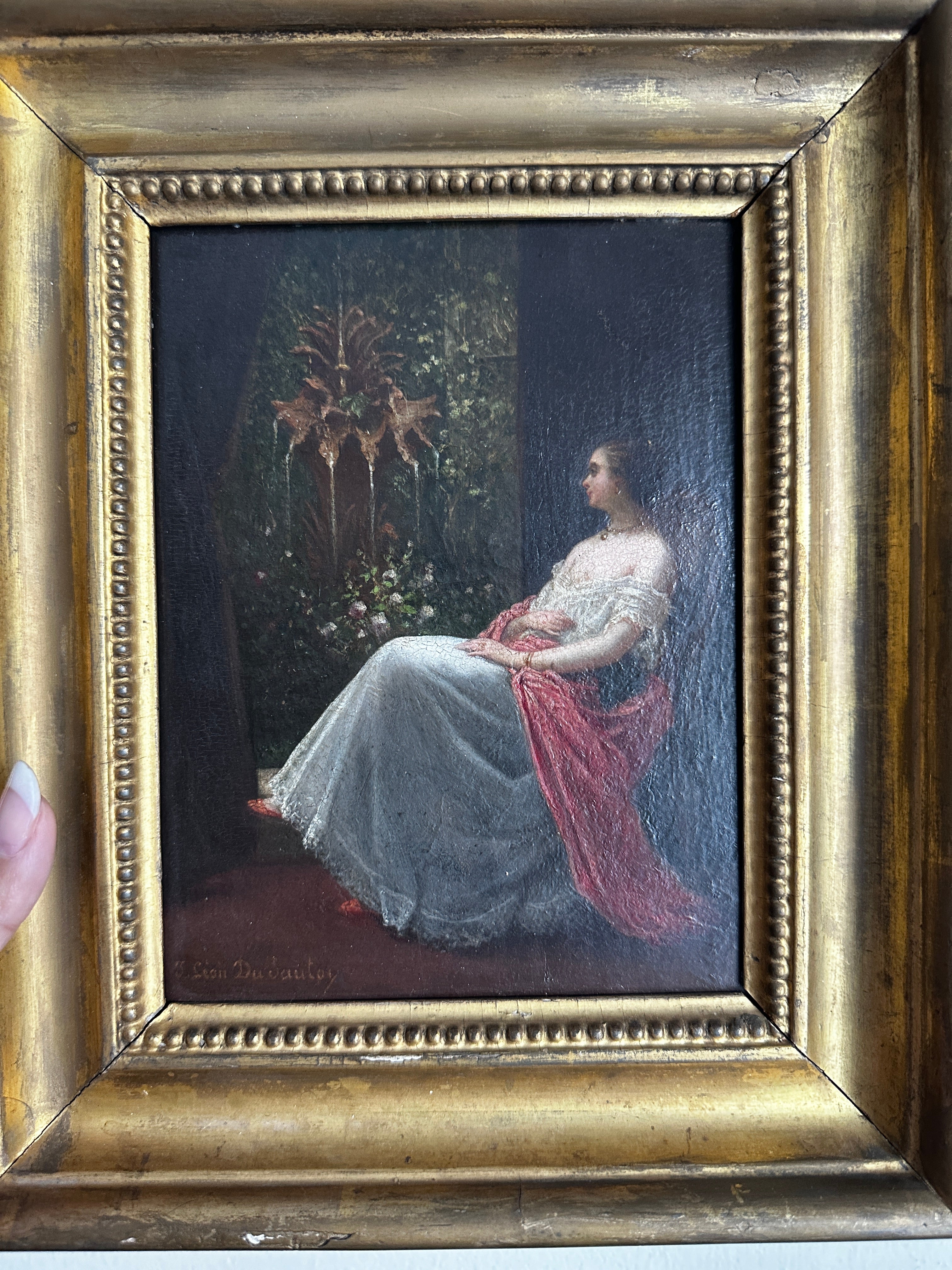 Signed Jacques Léon Dusautoy (1817–1894) French Romantic Interior with Seated Lady & Garden Fountain | Antique 19th-Century Oil on Panel