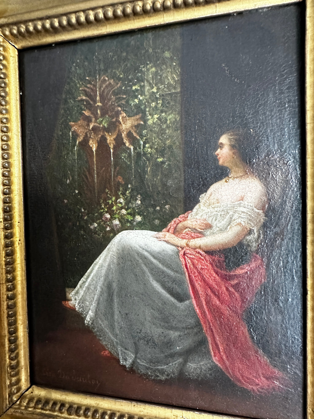 Signed Jacques Léon Dusautoy (1817–1894) French Romantic Interior with Seated Lady & Garden Fountain | Antique 19th-Century Oil on Panel