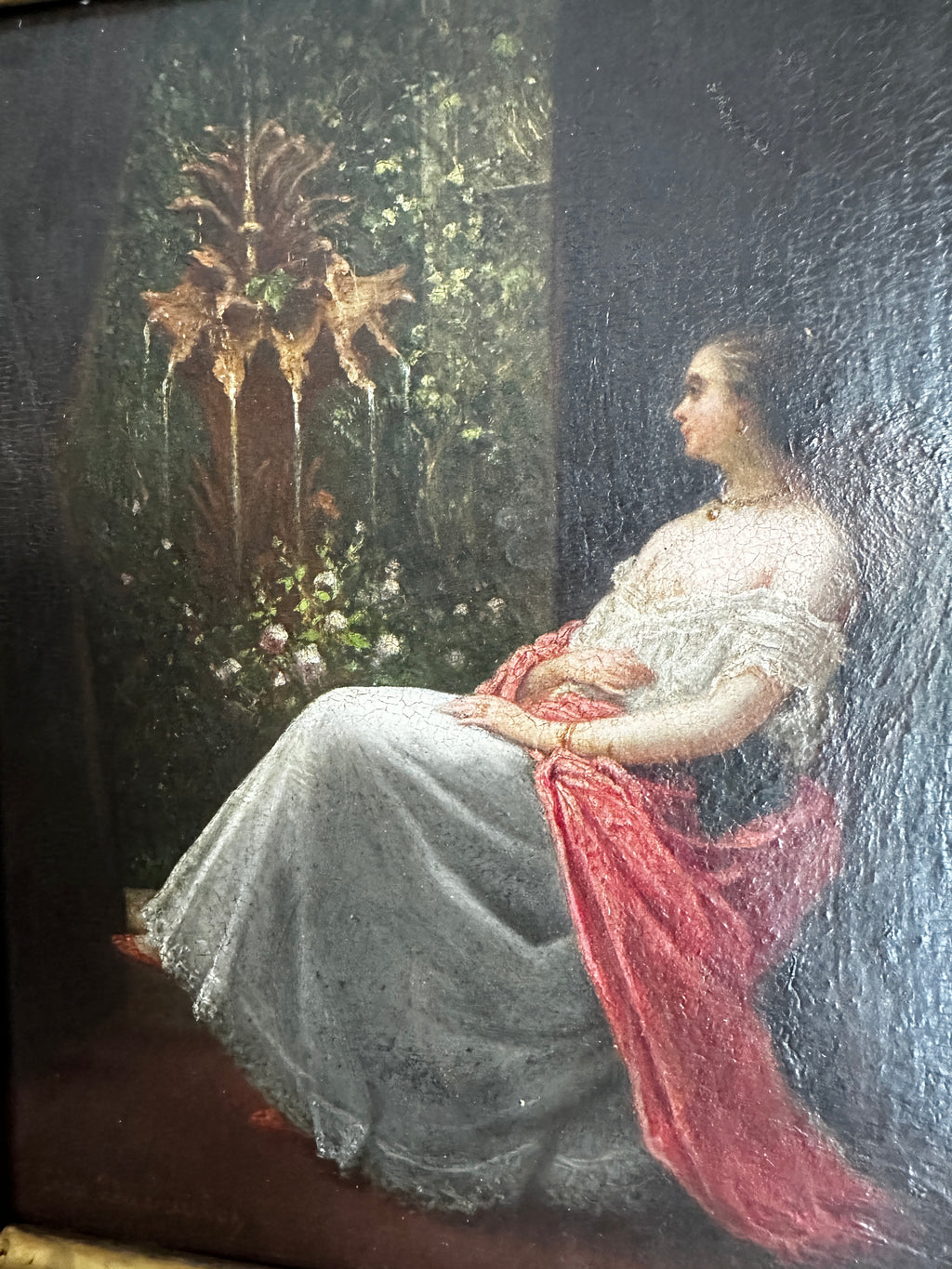 Signed Jacques Léon Dusautoy (1817–1894) French Romantic Interior with Seated Lady & Garden Fountain | Antique 19th-Century Oil on Panel