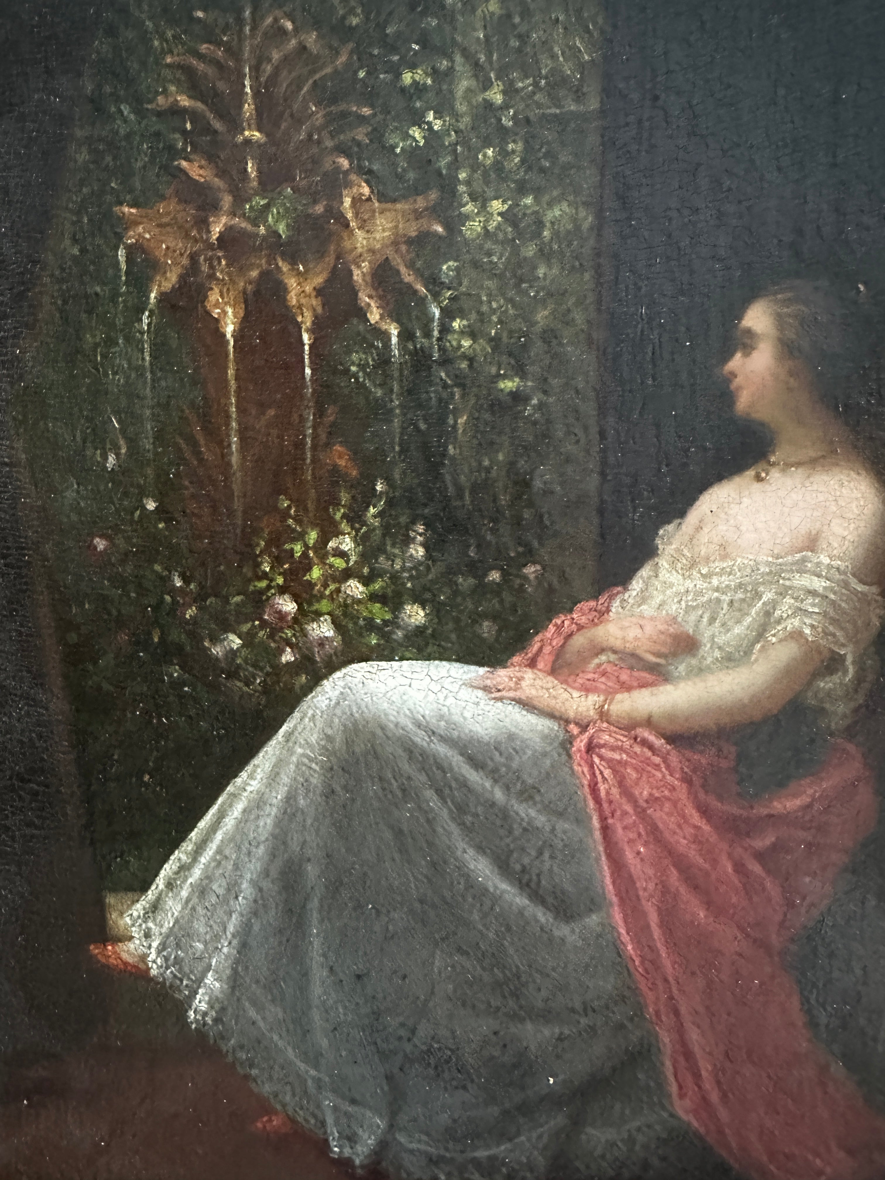 Signed Jacques Léon Dusautoy (1817–1894) French Romantic Interior with Seated Lady & Garden Fountain | Antique 19th-Century Oil on Panel