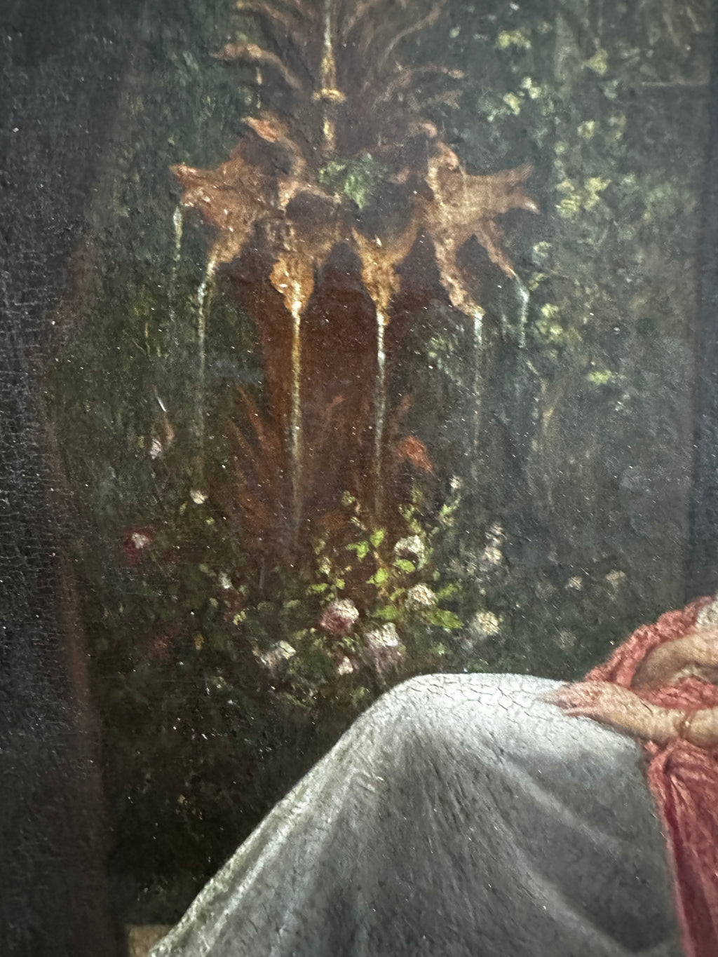 Signed Jacques Léon Dusautoy (1817–1894) French Romantic Interior with Seated Lady & Garden Fountain | Antique 19th-Century Oil on Panel