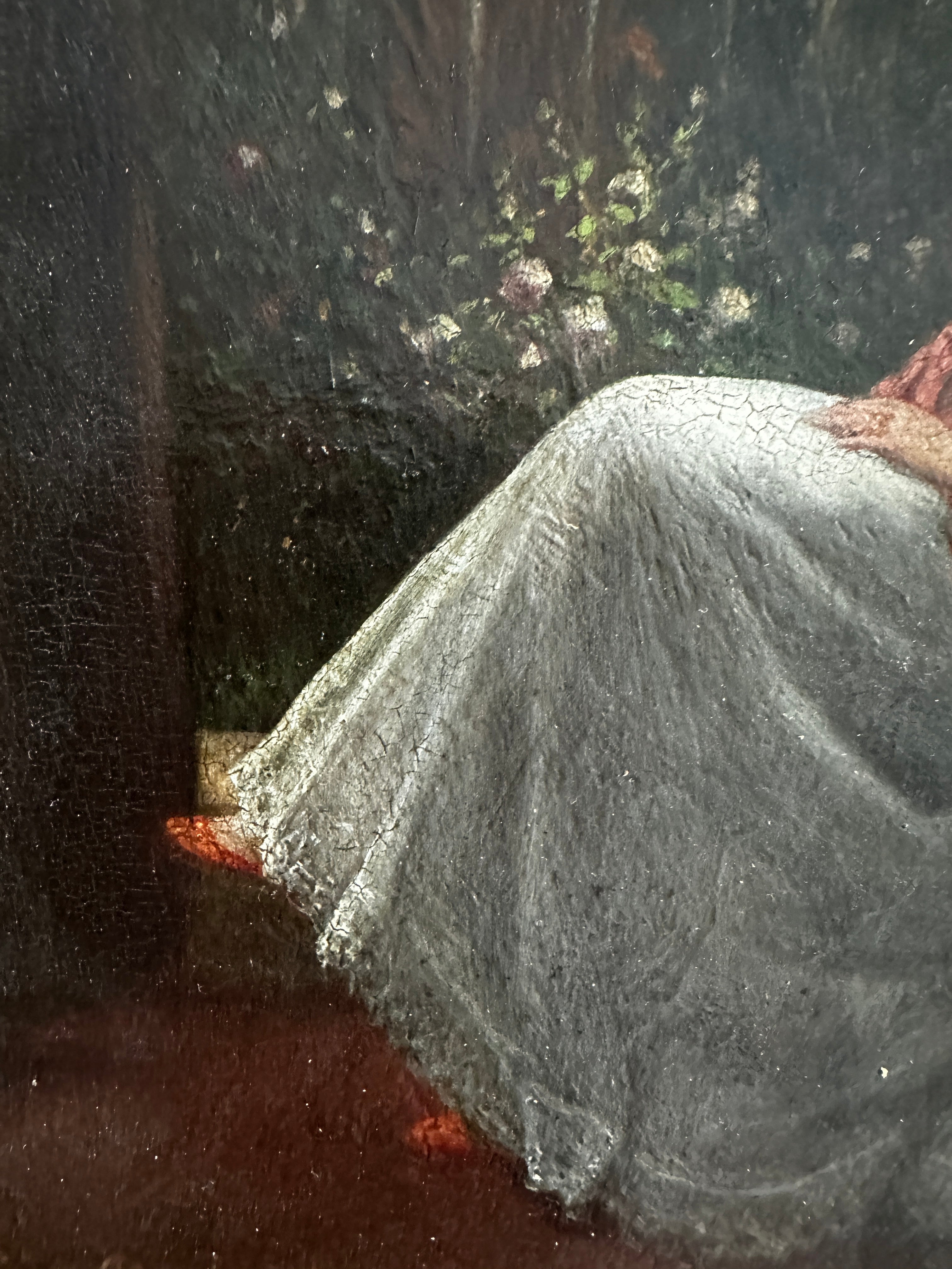Signed Jacques Léon Dusautoy (1817–1894) French Romantic Interior with Seated Lady & Garden Fountain | Antique 19th-Century Oil on Panel