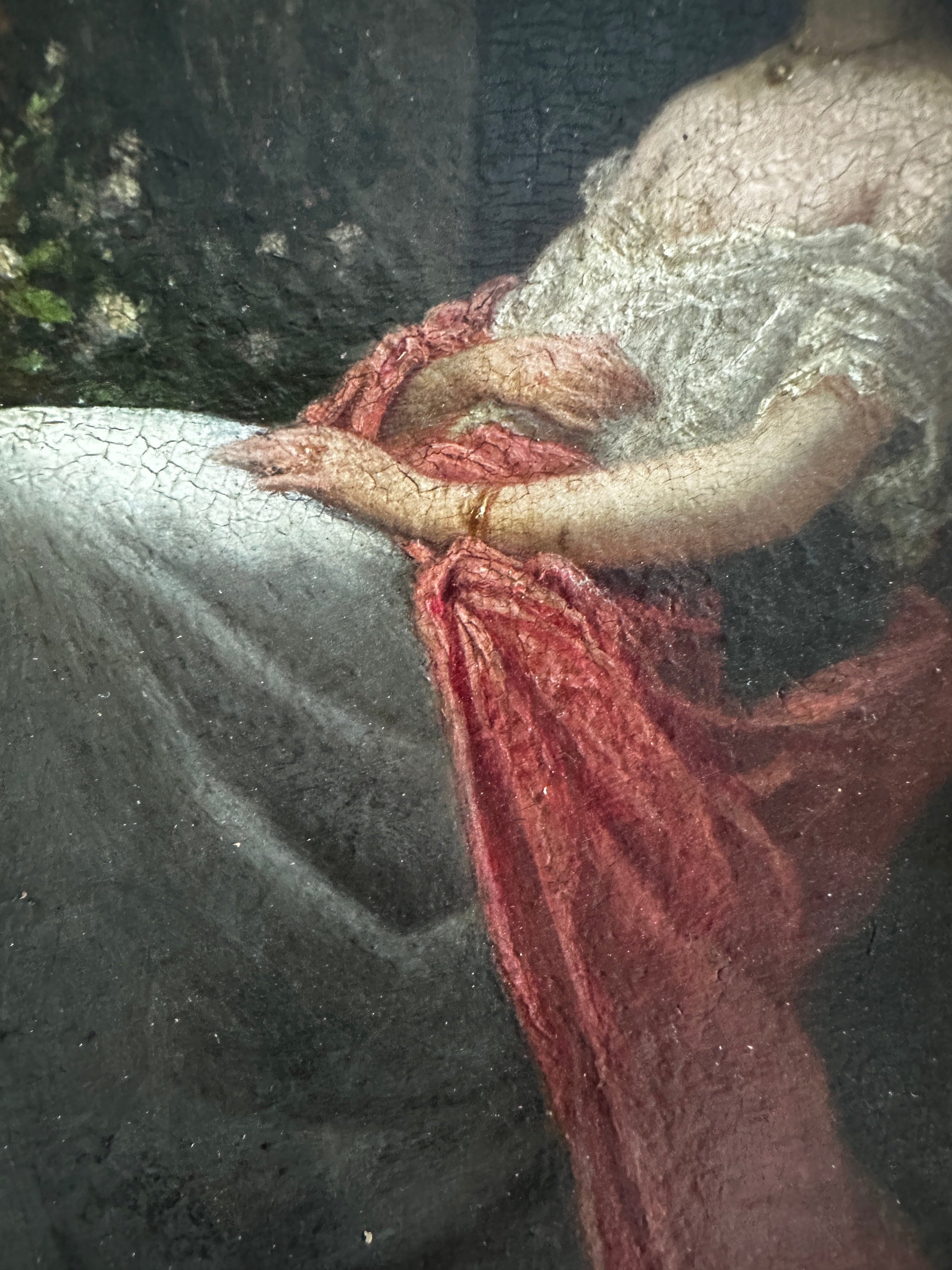 Signed Jacques Léon Dusautoy (1817–1894) French Romantic Interior with Seated Lady & Garden Fountain | Antique 19th-Century Oil on Panel
