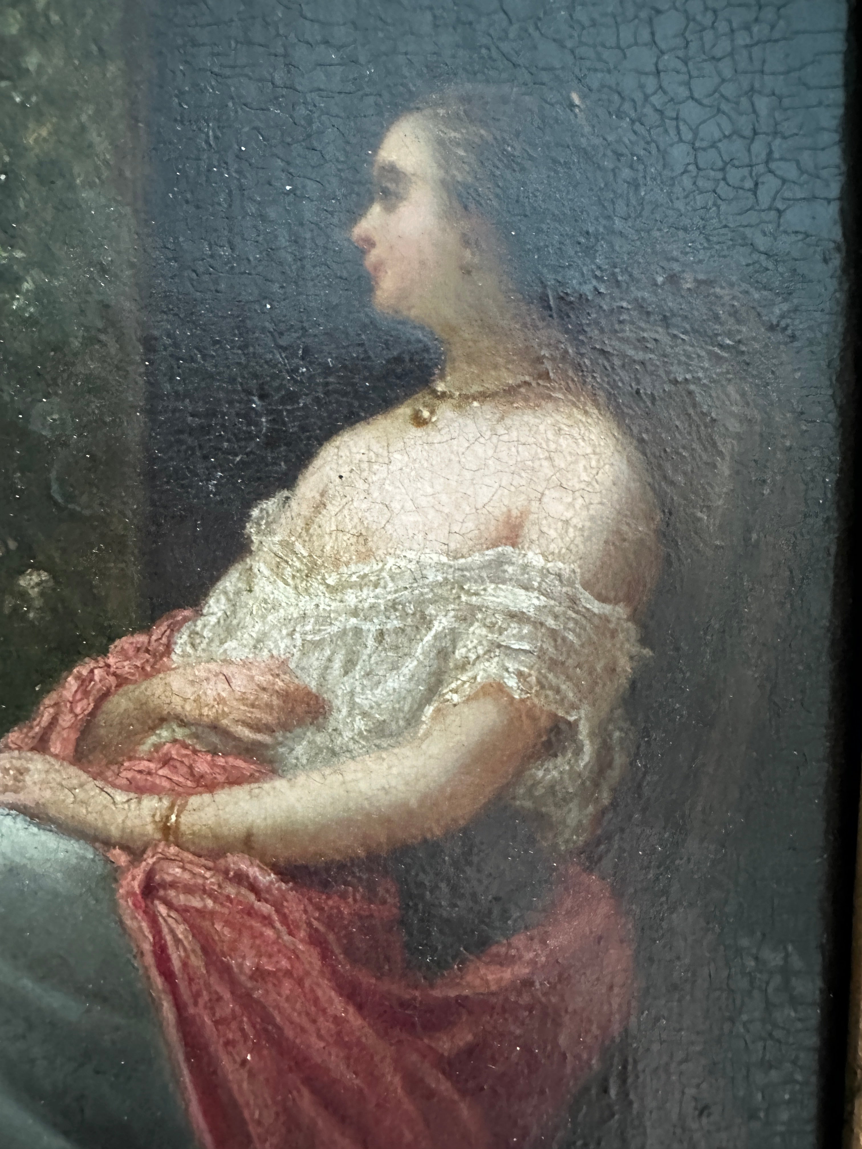 Signed Jacques Léon Dusautoy (1817–1894) French Romantic Interior with Seated Lady & Garden Fountain | Antique 19th-Century Oil on Panel