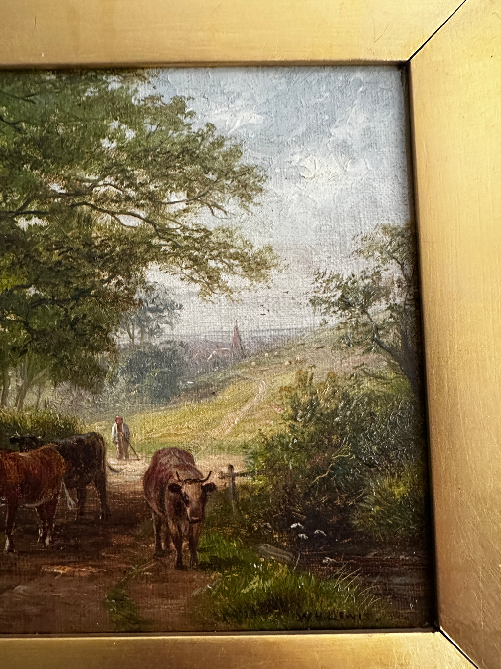Antique Victorian British Pastoral Landscape with Cattle, Signed W. Lewis, Oil on Canvas, English Country Scene