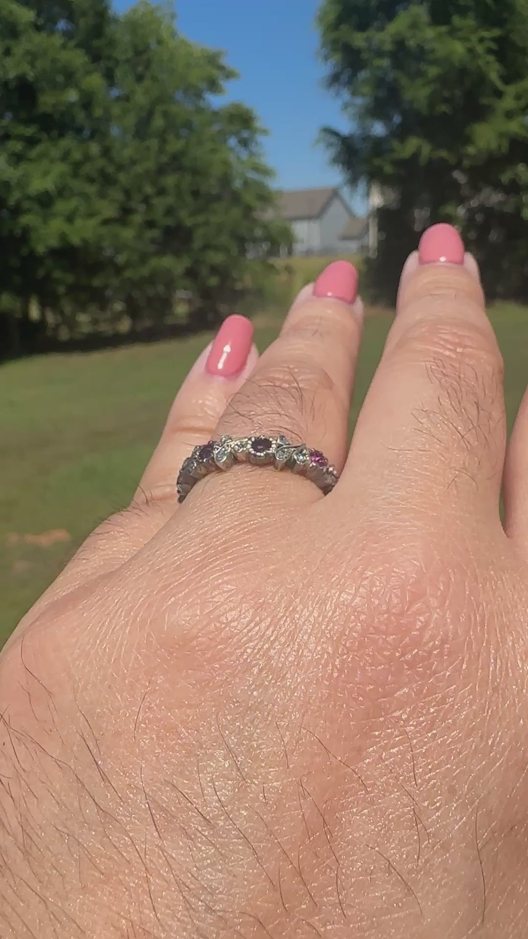 American Ruby & Diamond Eternity Ring in Silver & Gold | Rose Cut Diamond Foliate Band