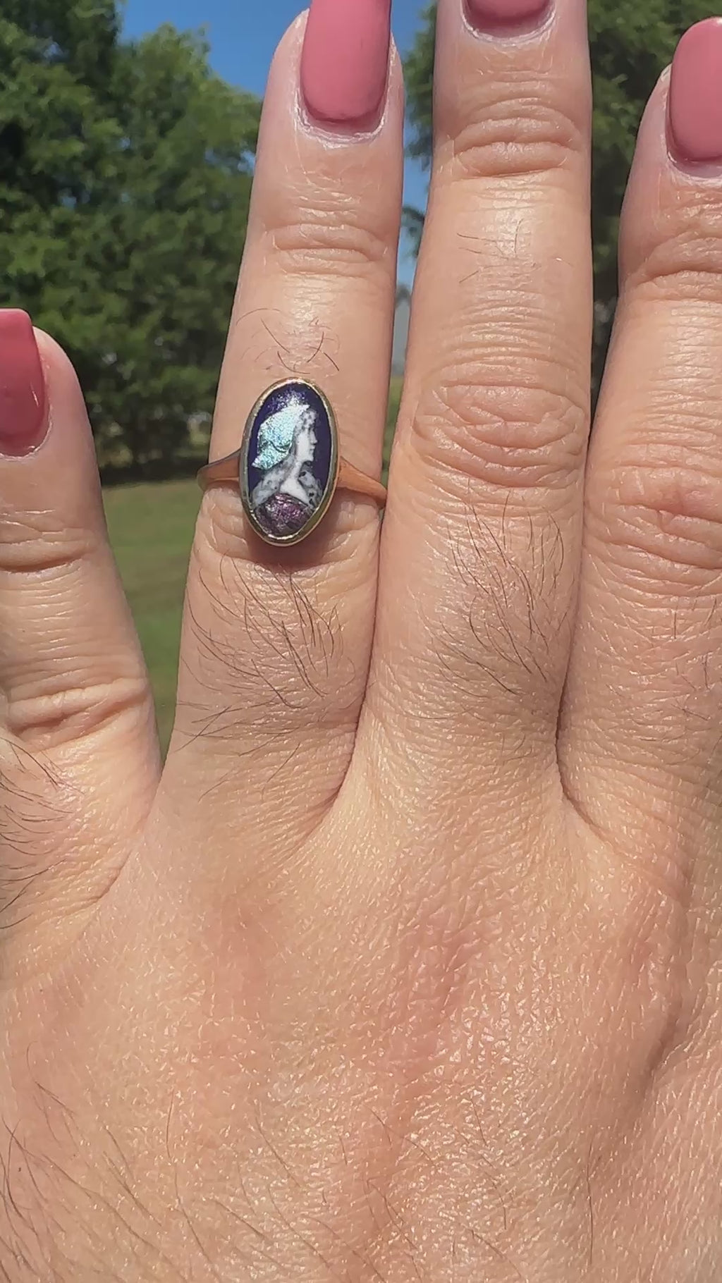 Art Nouveau Limoges Enamel Portrait Ring in 10K Gold | Signed “Carlandie” French Miniature, c.1900
