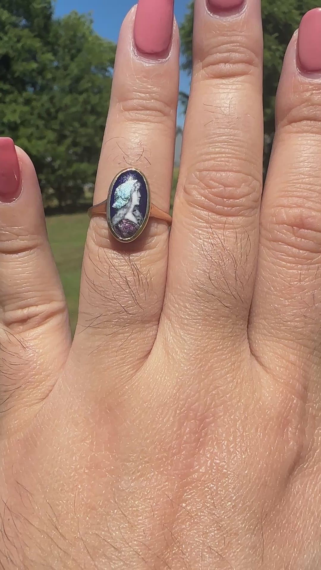 Art Nouveau Limoges Enamel Portrait Ring in 10K Gold | Signed “Carlandie” French Miniature, c.1900