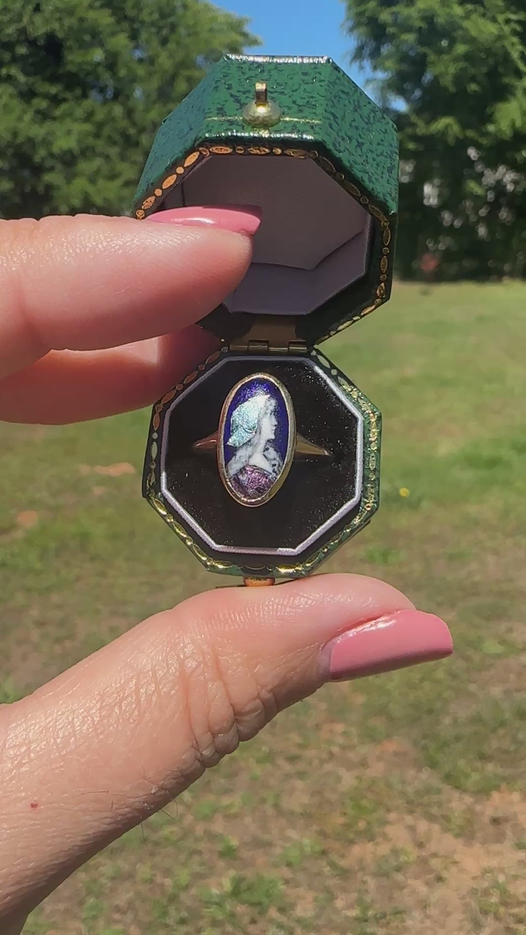 Art Nouveau Limoges Enamel Portrait Ring in 10K Gold | Signed “Carlandie” French Miniature, c.1900
