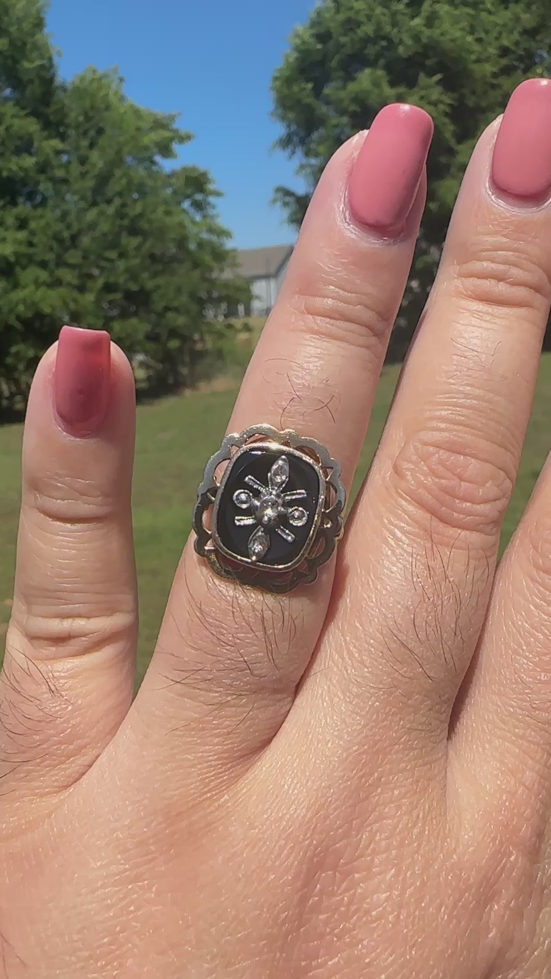Victorian Belgian Onyx & Rose Cut Diamond Ring in 14K Gold | Circa 1900