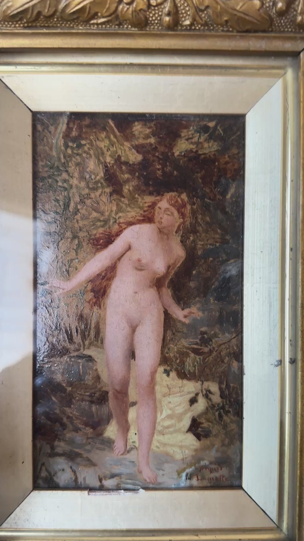 19th Century French School Nude Bather Oil on Panel, Signed Lemotte, Antique Gilt Frame