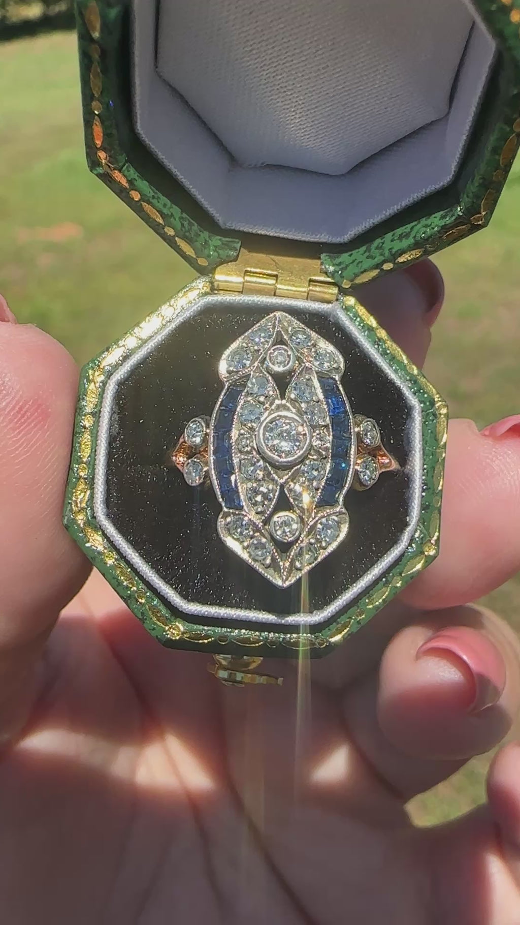 Late Art Deco German Diamond & Sapphire Ring in 18K Gold & Silver | HMB
