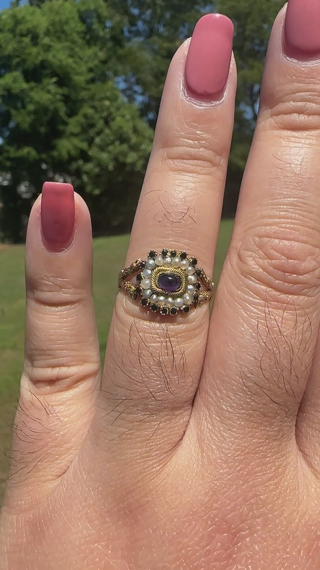 Georgian Amethyst & Natural Pearl Memorial Ring | Inscribed 1830 New York 10K Gold Sentimental Jewel