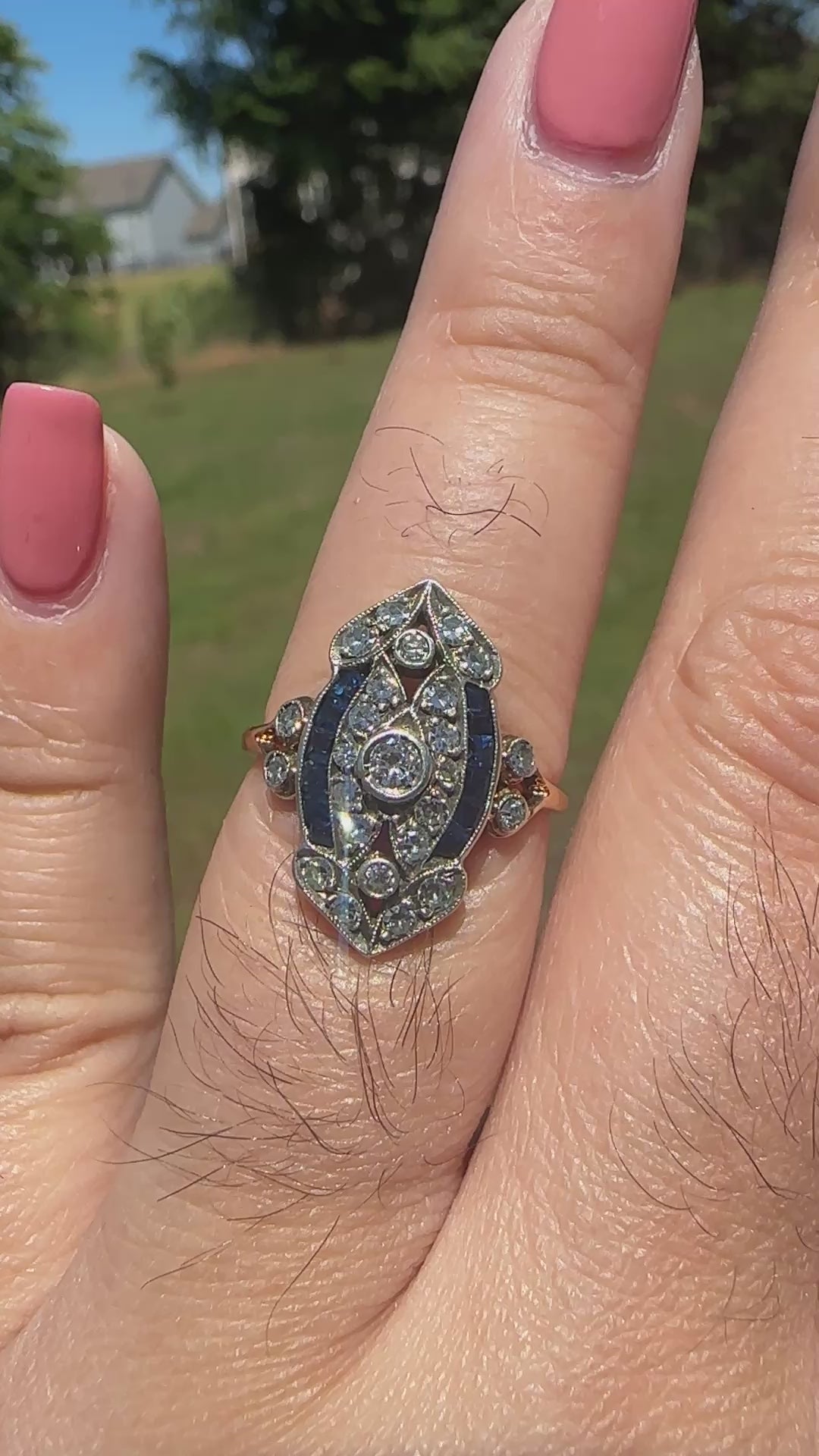 Late Art Deco German Diamond & Sapphire Ring in 18K Gold & Silver | HMB